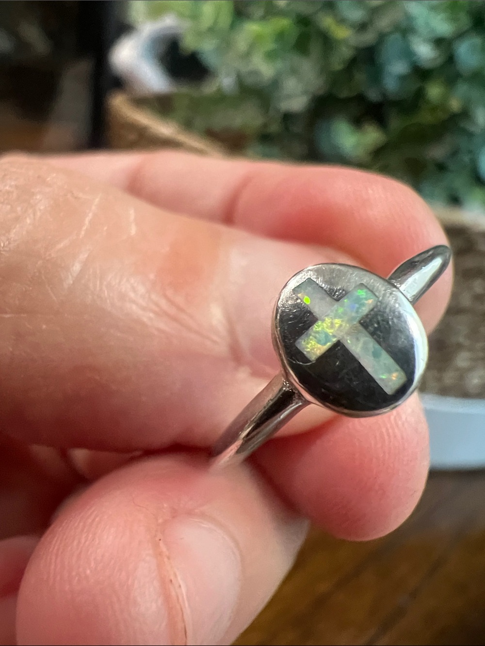 Sterling Silver Opal Cross Ring - White Opal Inlay